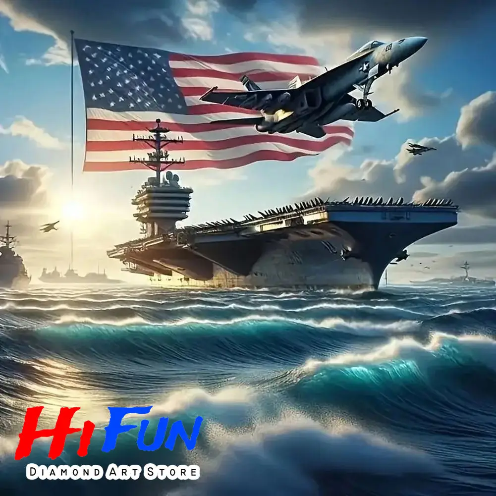 

Aircraft Carrier Landscape 5D DIY Diamond Painting Cross Stitch Art Full Round Modern Navy Warship and Fighter Jets Wall Decor