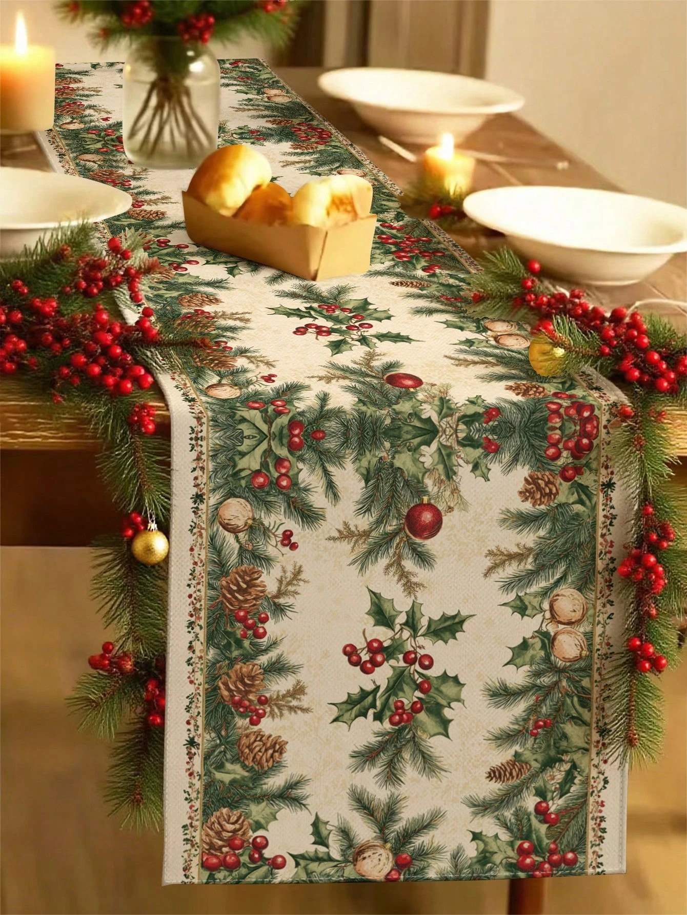 1 Stück Weihnachts-Tischläufer aus Leinen, Vintage-Tischdekoration mit 2D-Druck für Weihnachtsessen, Partys und Heimsammlungen