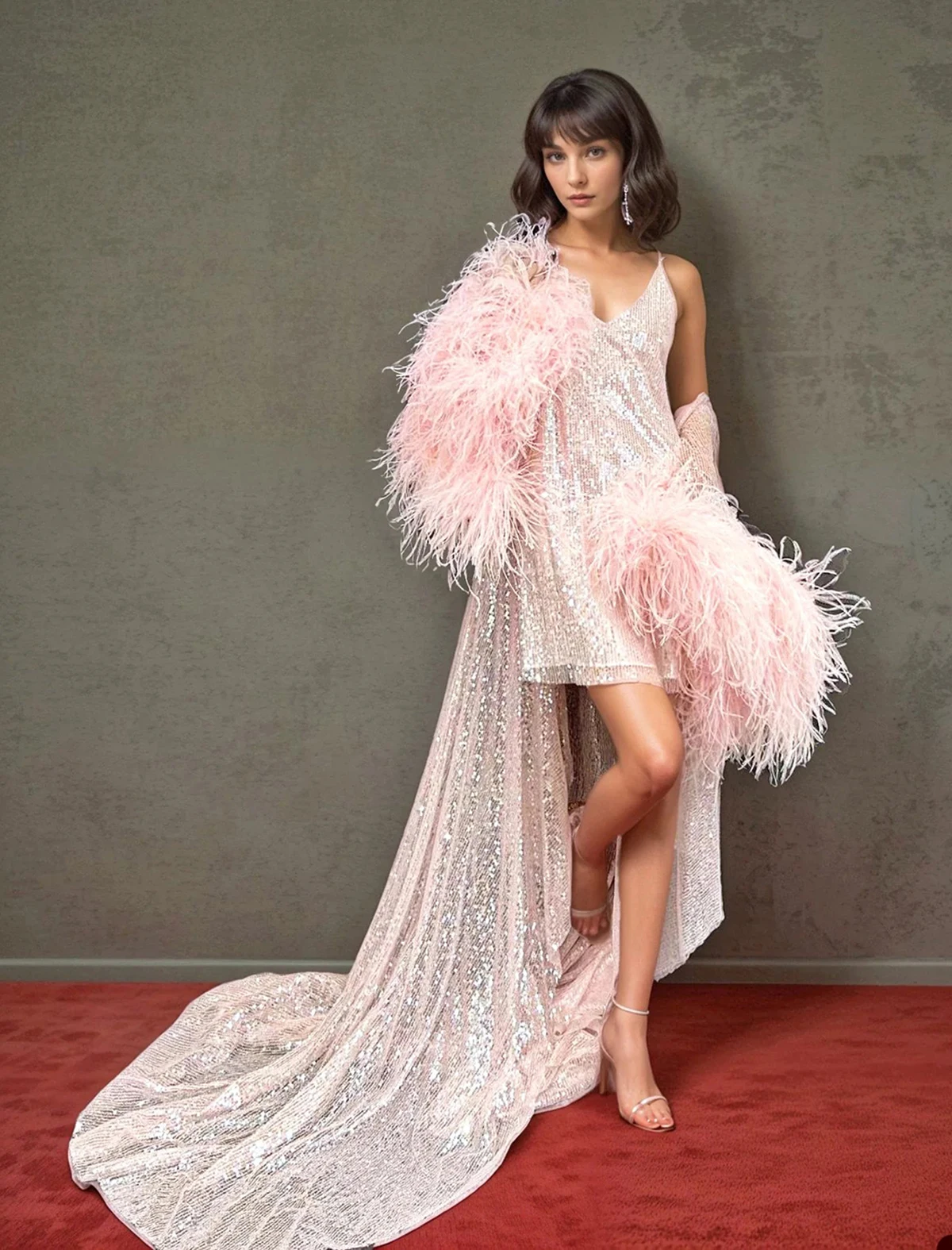 Sparkling Sheer Lace Women's Robe V-Neck Spaghetti Strap Sequins Feather Nightgown Lady Party Sleepwear Evening Dress Customized