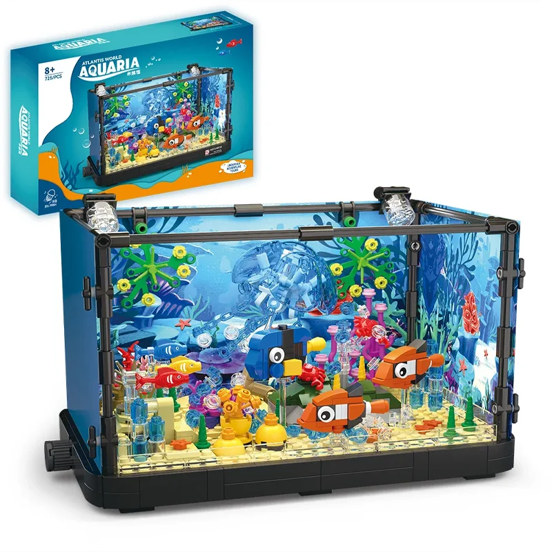 Juego de bloques de construcción de tanque de peces con luz, medusas de vida marina y Tortuga, tanque ecológico, juguetes, regalos para niños y niñas