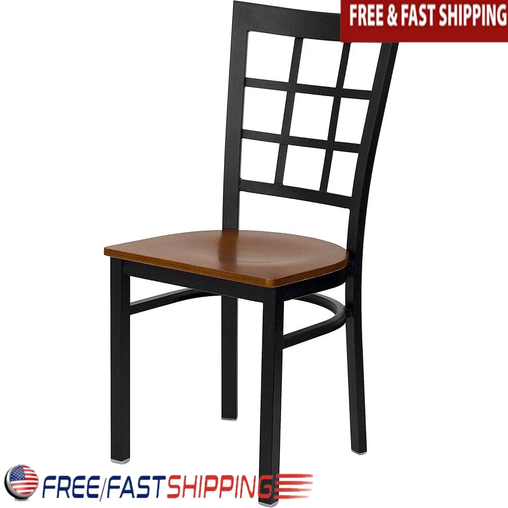 4 Pack Metal Dining Chairs Window Back Design Cherry Wood Seat Restaurant Cafe Kitchen Furniture