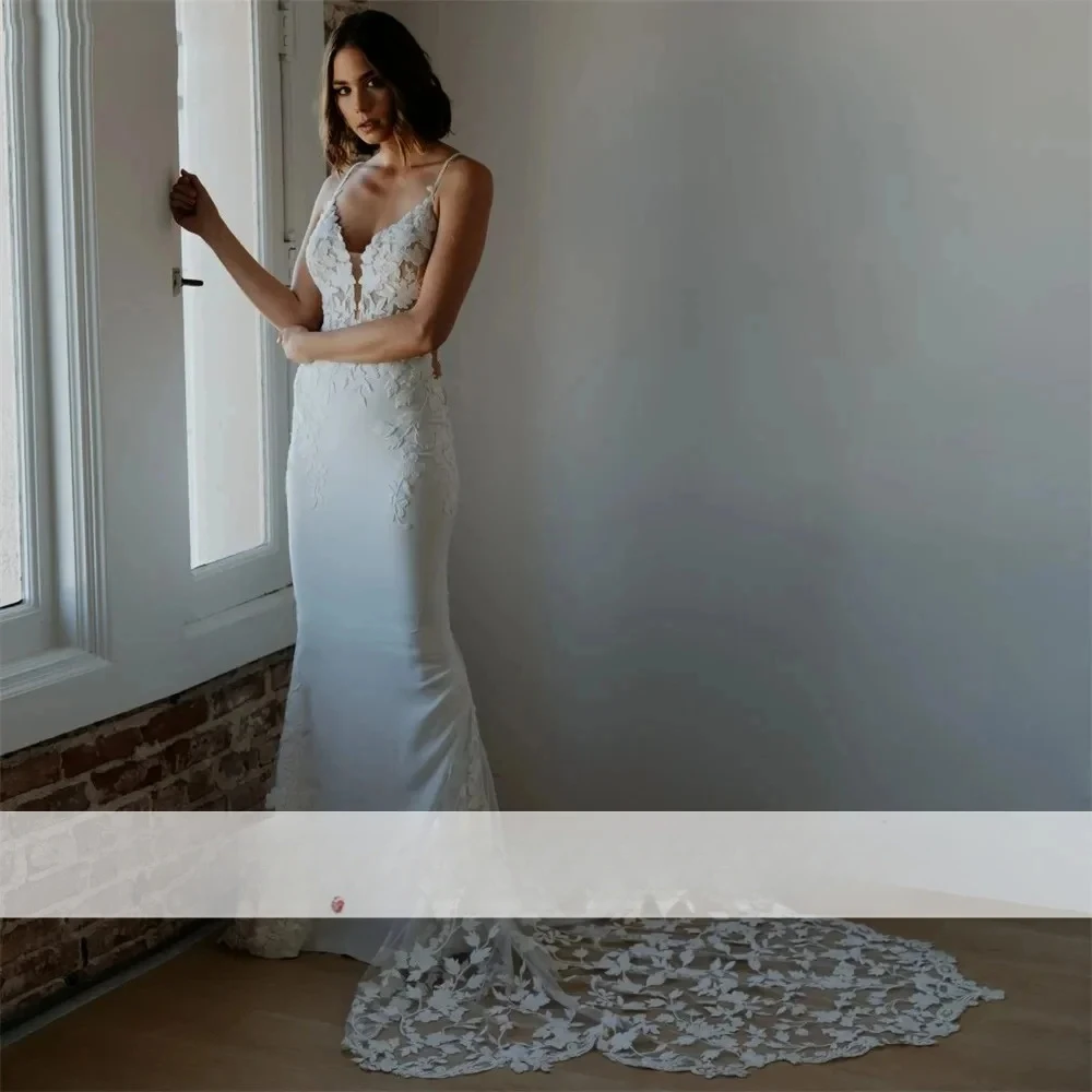بوهو الخامس الرقبة حورية البحر فستان الزفاف مثير السباغيتي الأشرطة عارية الذراعين الدانتيل طول الأرض فستان زفاف الشاطئ Vestidos De Novia