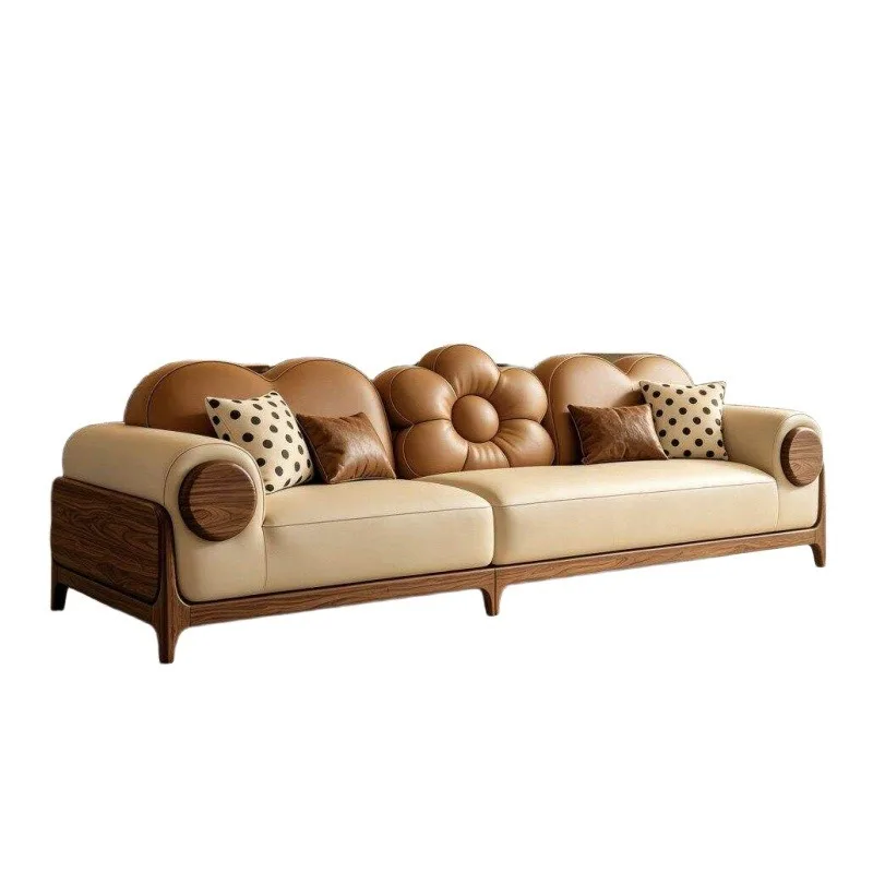 New Chinese-style solid wood sofa, light luxury living room high-end black walnut leather straight row