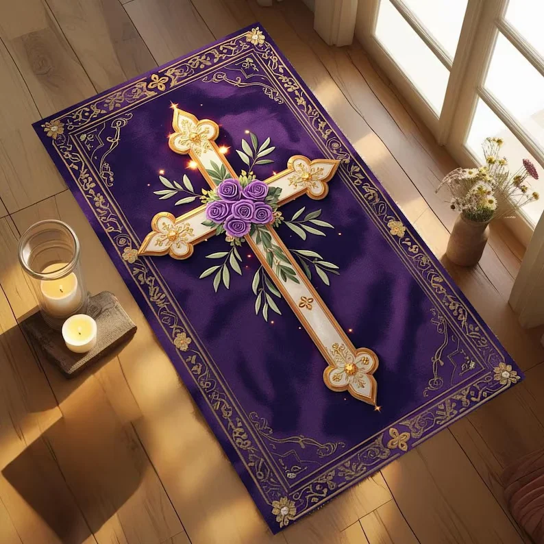 Elegant Purple Gold Floral Cross Prayer Rug, Christian Home Decor with Purple Roses & Olive Branches, Non-Slip Religious Mat