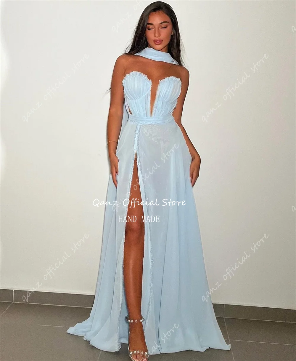 Qanz Baby Blue Chiffon Evening Dresses Customized High Slit Lace Up Back Sexy Pary Dress Long A Line Elegant שמלה ערב נשים 2024