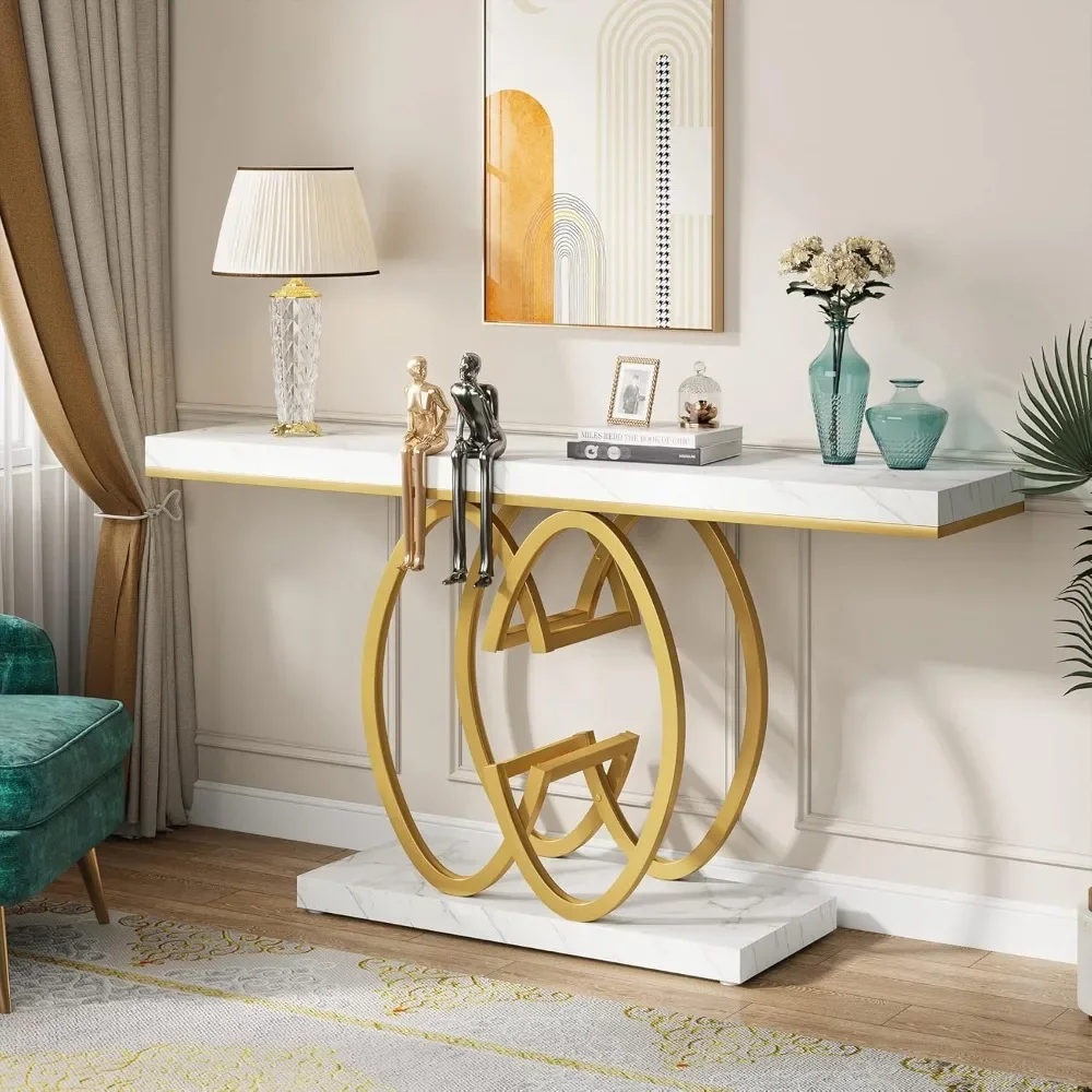 

55 Inch Console Table, Faux Marble Gold Entryway Table with Geometric Metal Base, Modern Narrow Sofa Accent Table