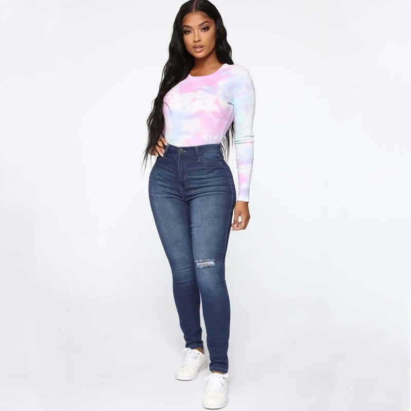 

High Waist Elastic Jeans Women Pencil Pants Long Trousers Denim Fabric Zipper Closure Deep Color Faionable Ladies Trousers