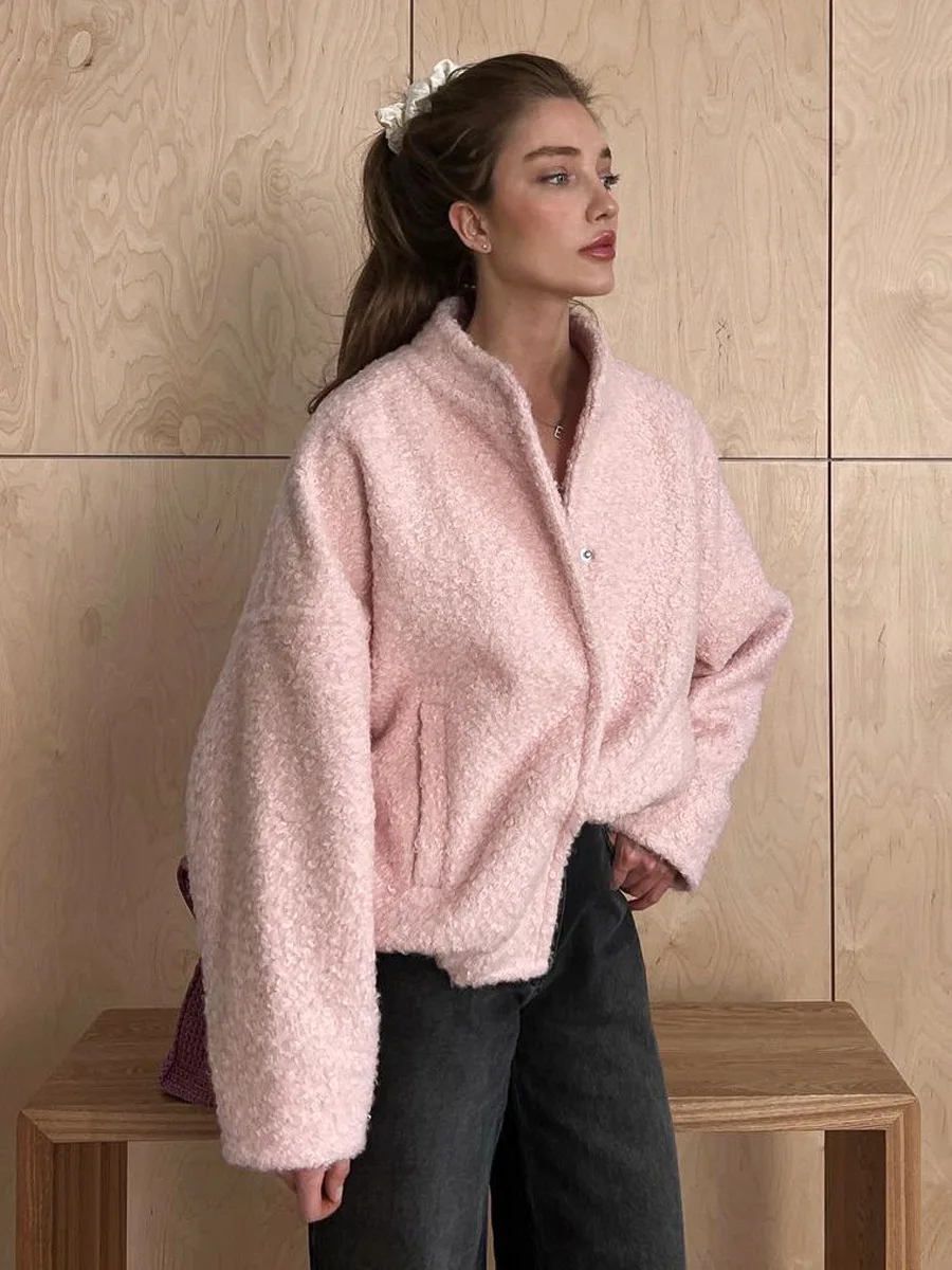 

HOTCIAL Women's Pink Short Fur Jacket Autumn Loose Fashion Long Sleeve Jacket Top Casual Stand Collar Pocket Button Warm Jacket