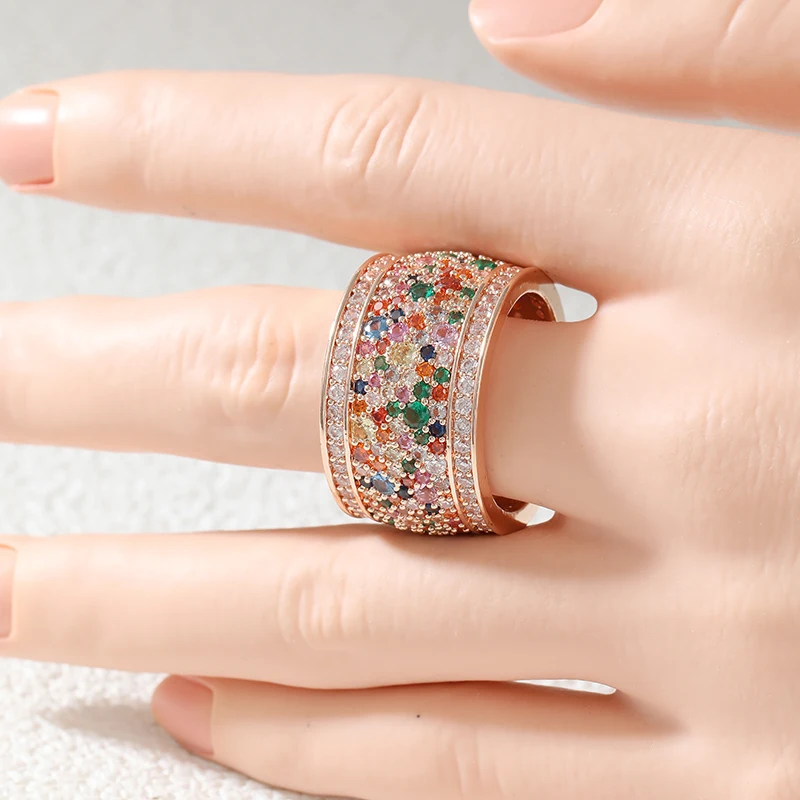 Luxuriöser, mit mehrfarbigen CZ-Steinen besetzter Damenring, glänzende goldene Farbe, geometrisch, für den täglichen Gebrauch, Partyschmuck, Jubiläumsgeschenk – Detail 5