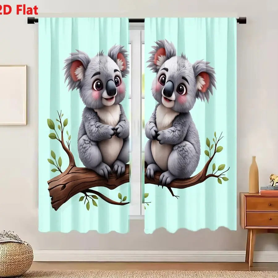 2Pcs Curtains 2D Flat Adorable Koalas On Tree Branch With Mint Green Background Window Drapes for Bedroom Room Decor Decoration