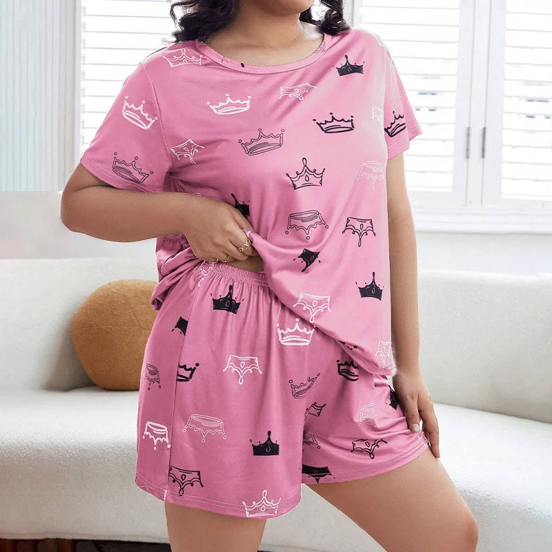 Plus Size XL-5XL Women\'s Pajama Set Letter Print Soft Summer Short-sleeved Shorts Faux Cotton Sleepwear Nightwear Loungewear 2PC