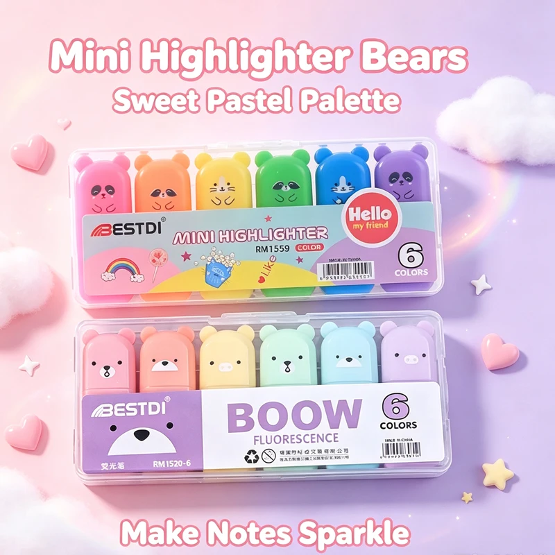 Kawaii Bear Highlighter Pens Set Cute Stationery Markers Candy Color Fluorescent Pastel Pen School Supplies Accessories