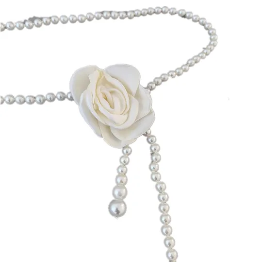 Fashionable black and white flower waist chain women's sense of luxury small fragrance pearl flower chain belt with dress