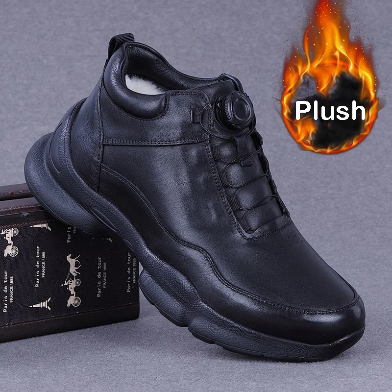 

High Top Leather Shoes Men Plush Wool Fluff Winter Warm Plus Velvet Cotton Swivel Buckle Loafers Fur Fleece Short Boots Sneakers