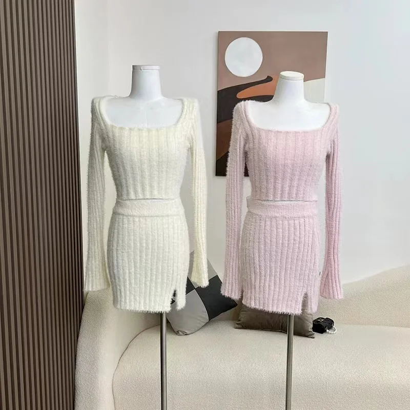 Knitted Sweater Suits Female Elegant 2 Piece Skirts Korean Fashion Even Party Y2k Crop Tops Japanese Kawaii Clothing 2023 Winter