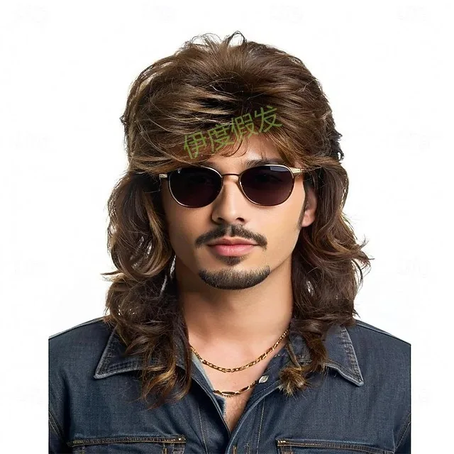 Synthetic Punk Rock Wavy Medium Wig for Men Halloween Cosplay Party Anime Inspired Costume Heat Resistant Fiber Hair