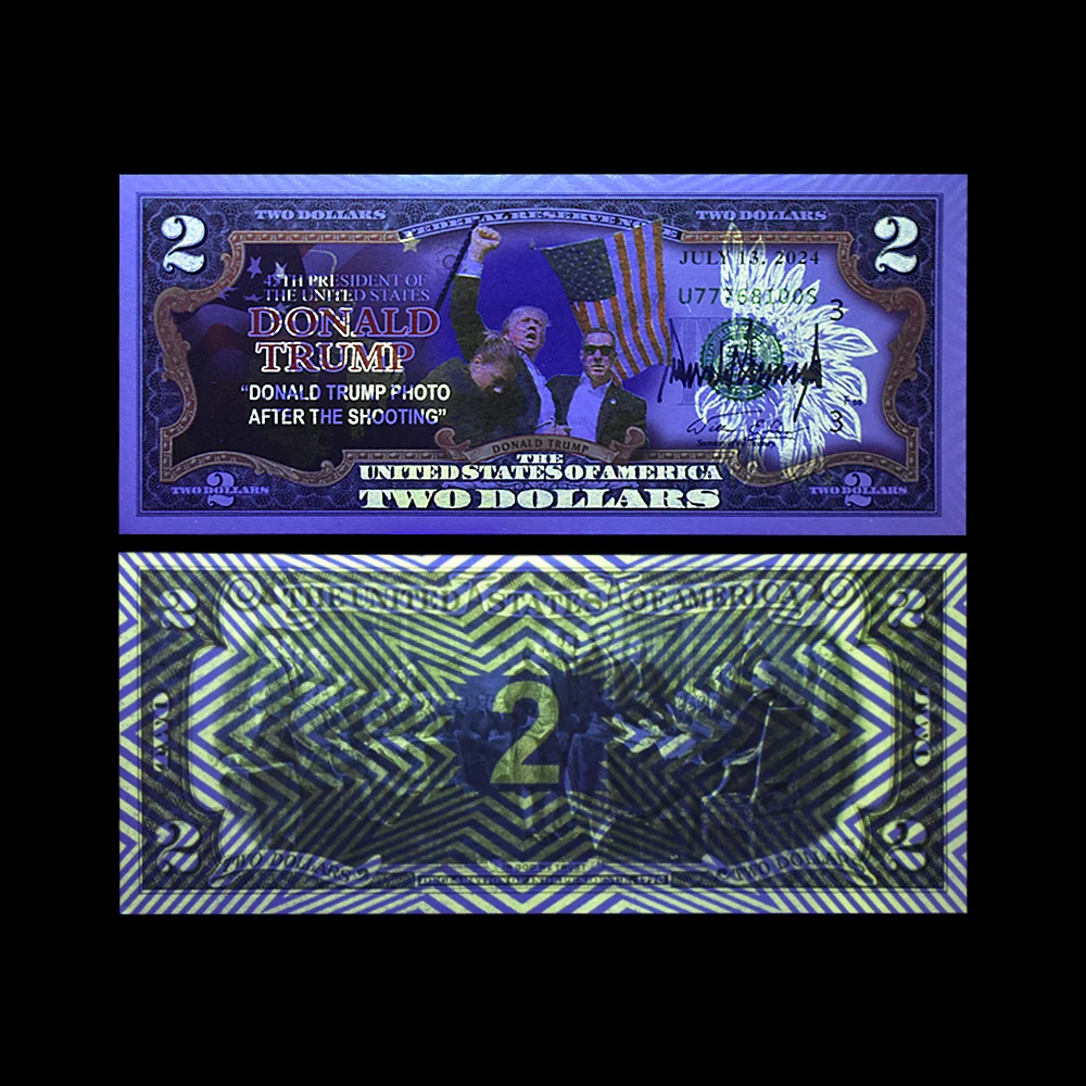 2024 President Donald Trump Banknote Assassination Attempt Two Dollars Paper Money with UV and Serial Number Collection Gift