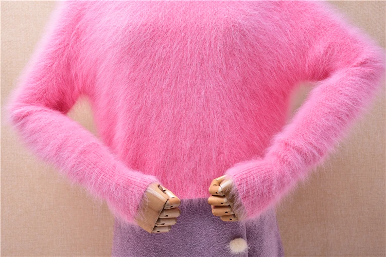 Ladies Women Autumn Winter Clothing Pink Hairy Angora Rabbit Hair Knitted Crop Top Short Style Slim Blouses Pullover Sweater Top