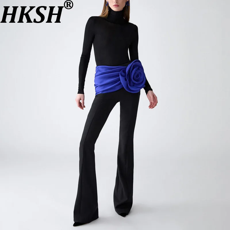 

HKSH Autumn New Women Three-piece Set Turtleneck Long Sleeves Jumpsuit Three-dimensional Flower Belt Tide Pants Sexy Ins HK17495