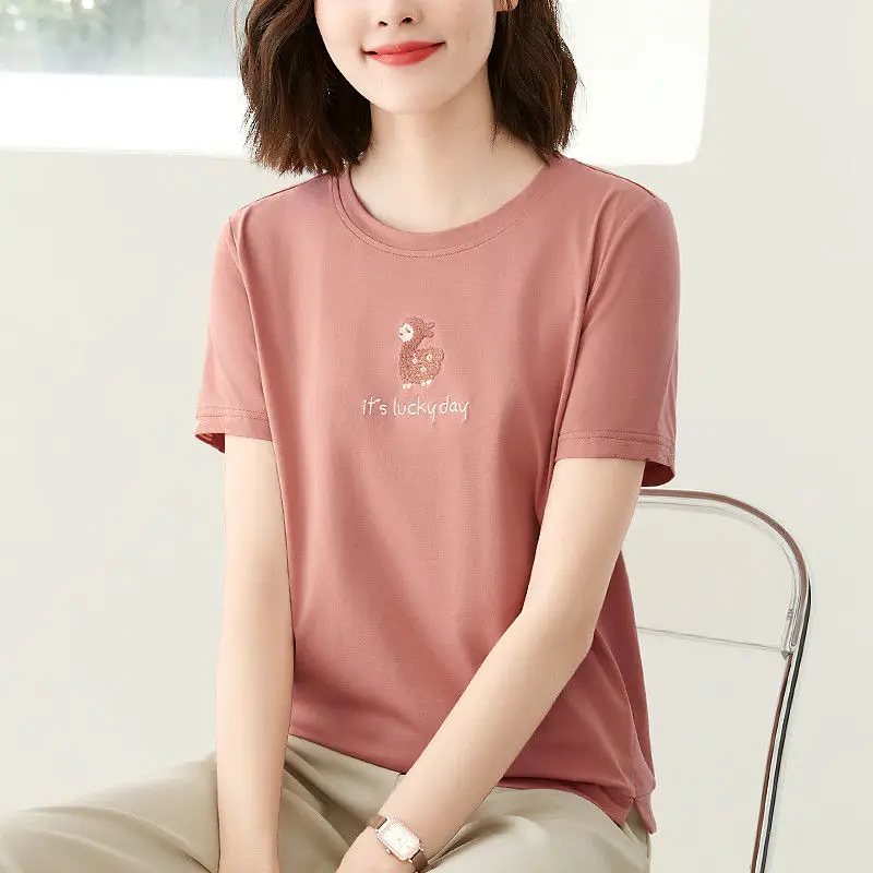 

New Summer Women's Solid Colors O-Neck Short Sleeve Loose Thin Embroidery Pullovers Fashion Casual Commute All-match Tops