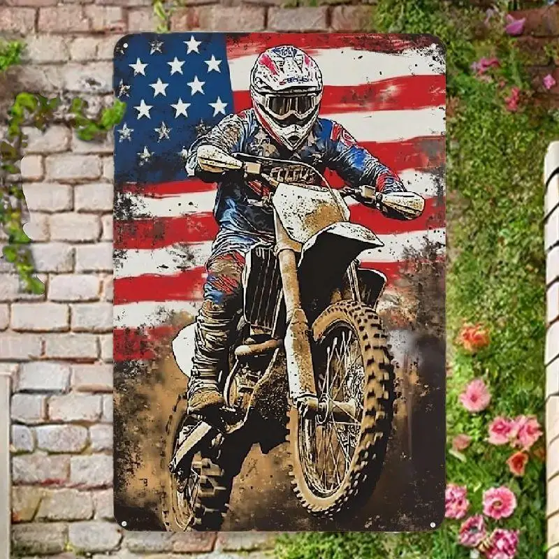 Letrero metálico con bandera americana para carreras de motocross, 12x8 pulgadas, póster de motocross para garaje, cueva de hombre, dormitorio