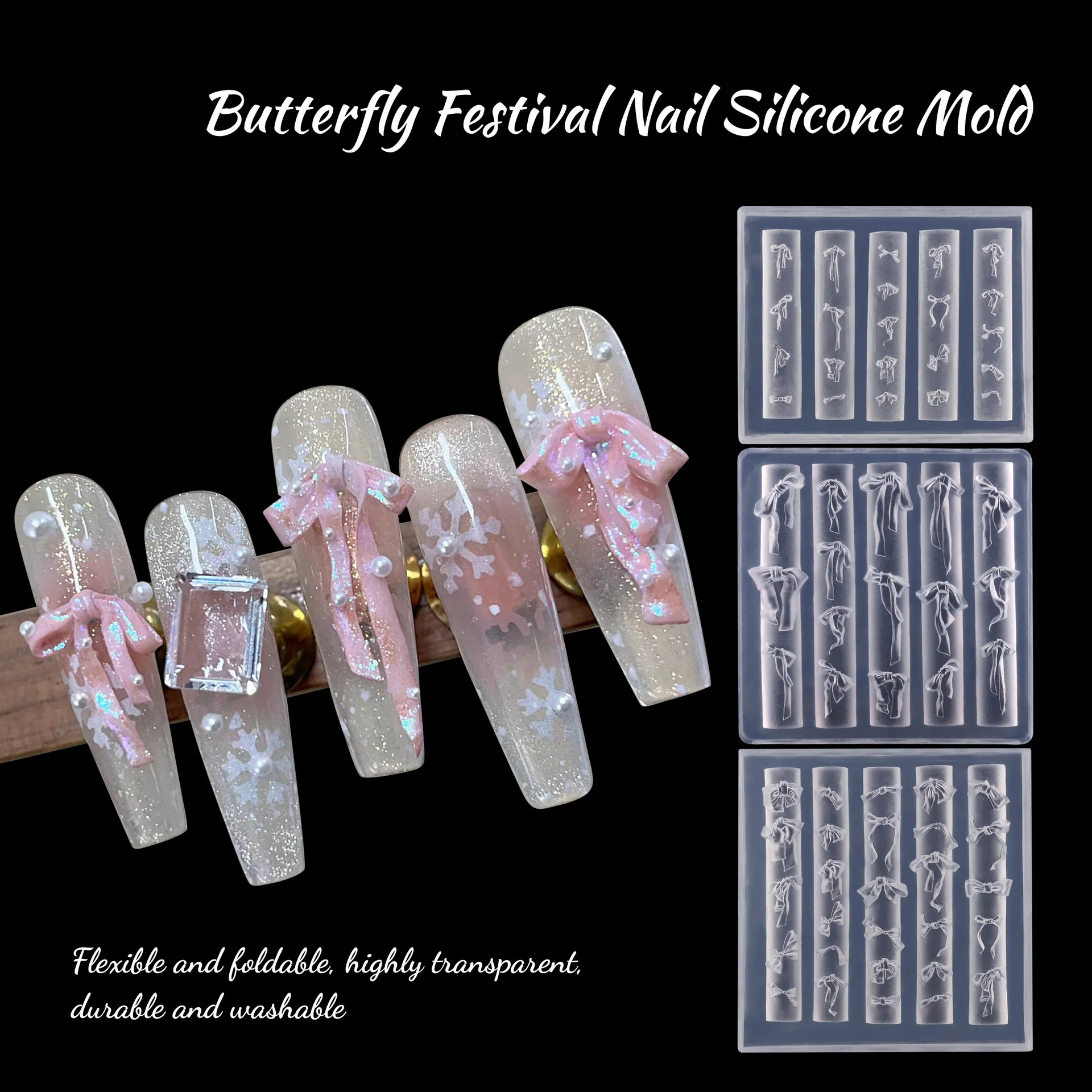 Ribbon Bow Nail Art Mold Silicone Cartoon Bowknot Pattern Nail Art Decorations Nail Polish Filling Mold Relief Design Manicure - Detail 1