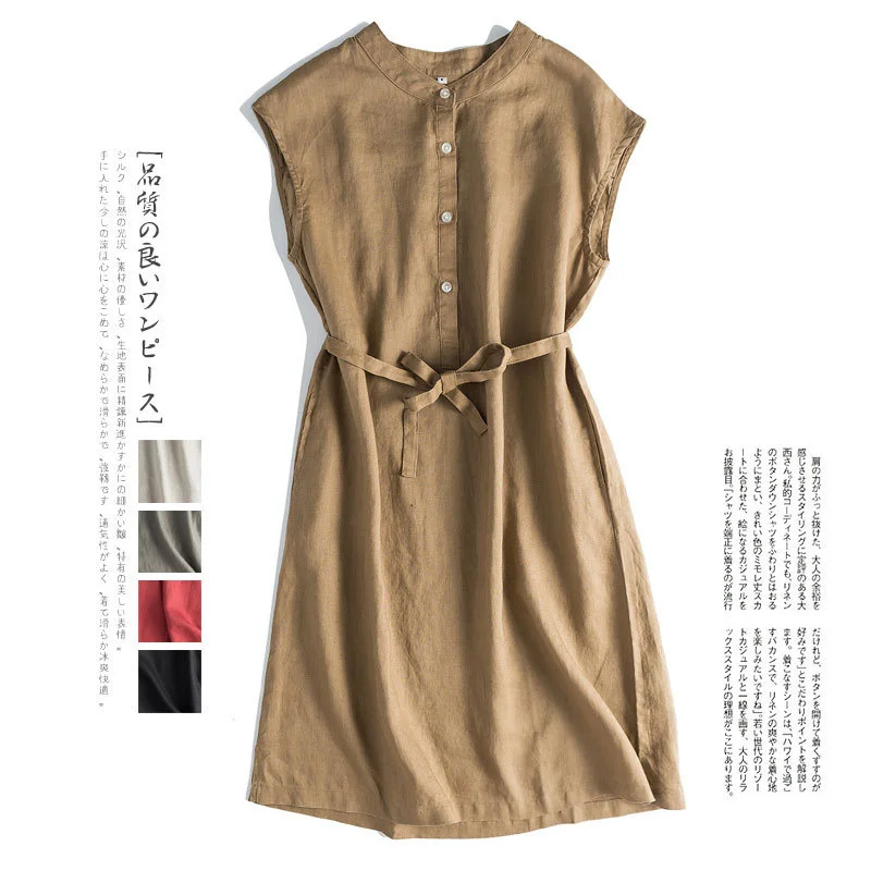 

New Linen Mid length Half Sleeve Dress for Women #004