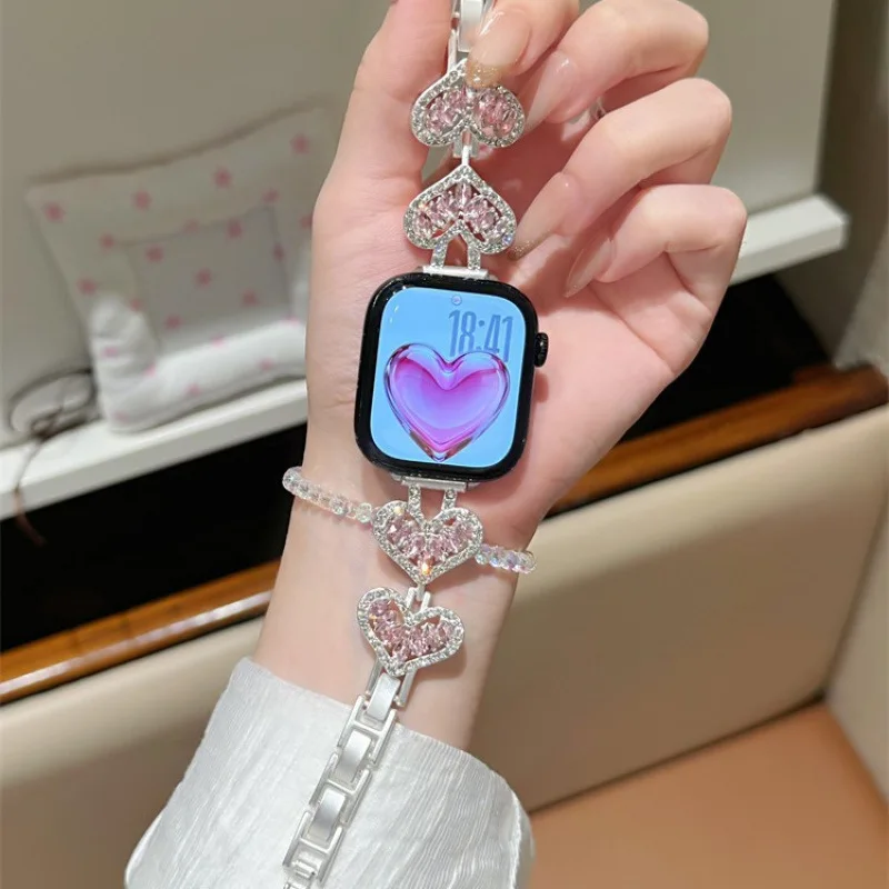 Hollow Heart Crystal Chain Strap for IWatch Ultra 2 49 45 46 42 44mm Sparkly Jewelry Band for Apple Watch Series11 10 9 8 7 6 SE