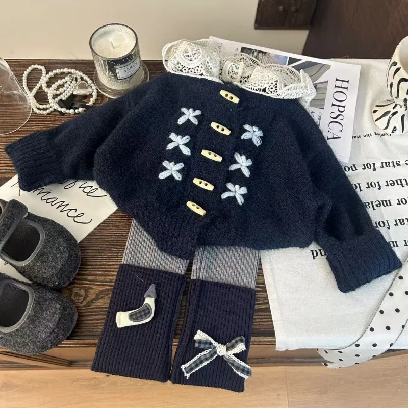 

Autumn Winter Kids Baby Girls Two-piece Set Knit Bow Toddler Girls Sweater Tops+casual Thick Children 1-10Y Girls Warm Leggings