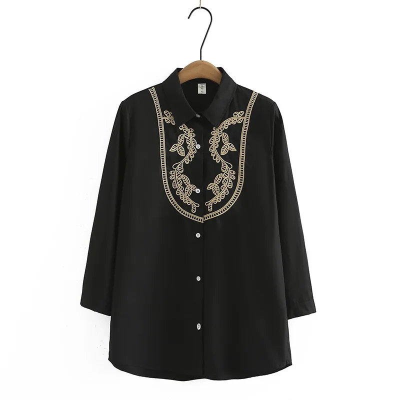 2023 Autumn Plus Size Women Shirt Art Style Embroidery Long Sleeve Cotton Tops Loose Mid-Length Blouses Oversized Curve Clothes