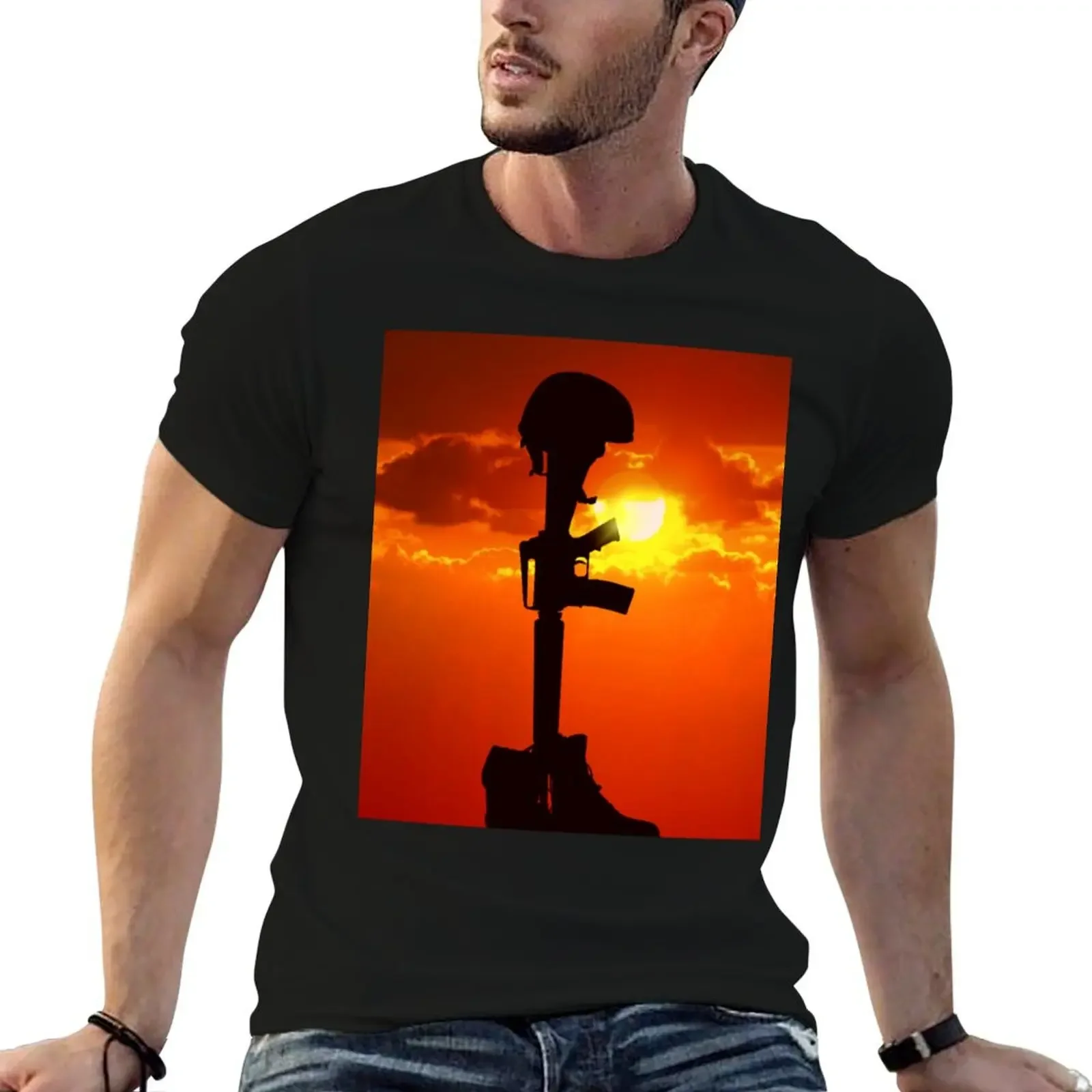 

Salute the fallen - Rifle & helmet with sunset background T-Shirt anime clothes Aesthetic clothing men graphic t shirts