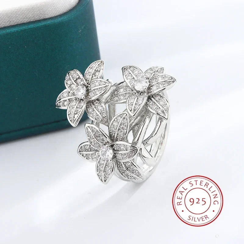 2024 New High Pear Shaped Branch Flower Zircon 925 Stamp Ring for Women's Fashion Flower Diamond Big Ring Party Birthday Gift