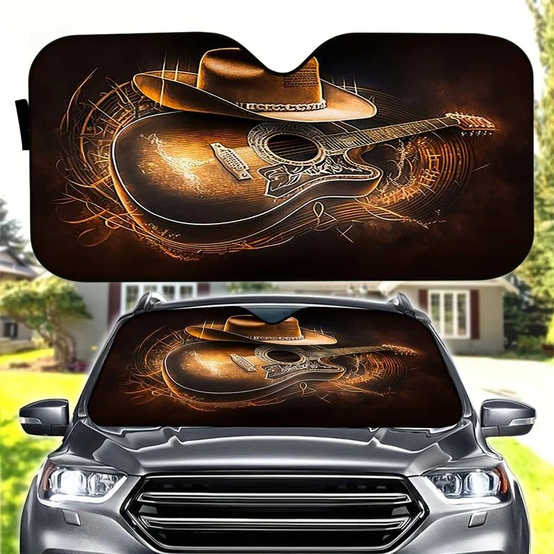 1Pcs Country Western Guitar Cowboy Hat Car Sunshade, Keeps Your Vehicle Cool, Easy to Install