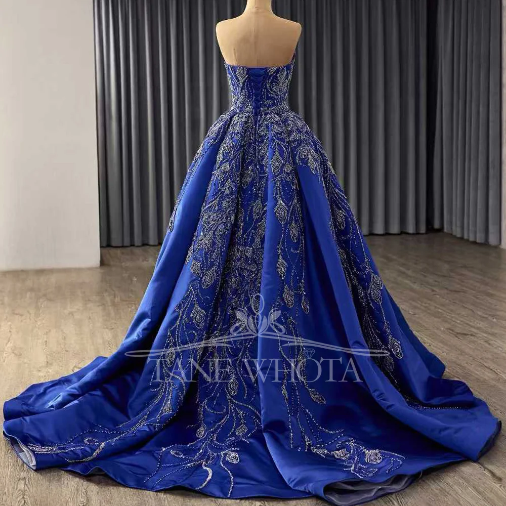 Blaues trägerloses, ärmelloses Abendkleid mit Schnürung am Rücken, Perlenstickerei und Pailletten, anpassbares Kleid für besondere Anlässe für Frauen