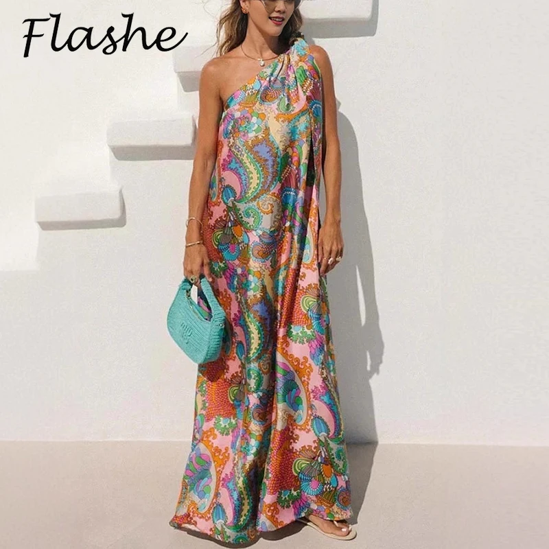 트렌디 한 여성 섹시한 오프 어깨 빈티지 인쇄 긴 드레스 여성 여름 보헤미안 드레스 여성을위한 민소매 비치 파티 드레스