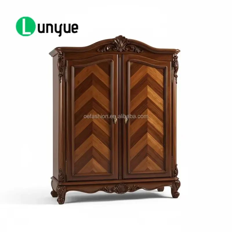 Victorian Style Mahogany Veneer Wardrobe with Herringbone Inlay Classic Bedroom Storage Cabinet Elegant Furniture for Home