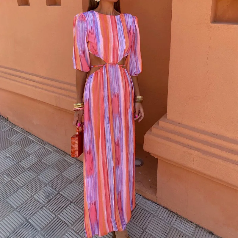 

European and American style women's summer round neck short-sleeved backless tie-up sexy high-waist tie-dye dress