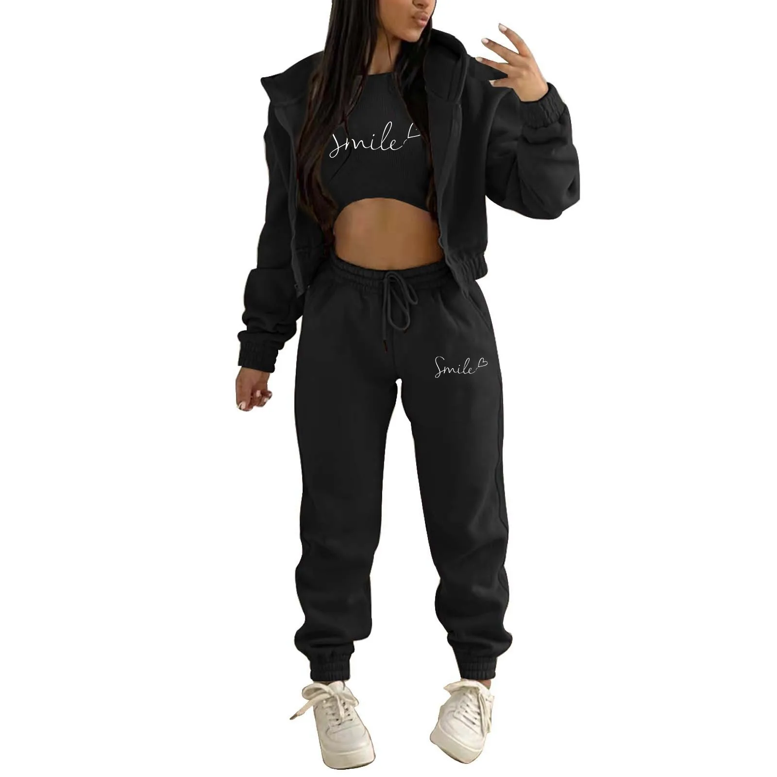 Letter Printing Fashion Winter Jogger Tracksuit Sweatpants and Hoodie Set Leisure Plush Hooded Sports Three Piece Set Women