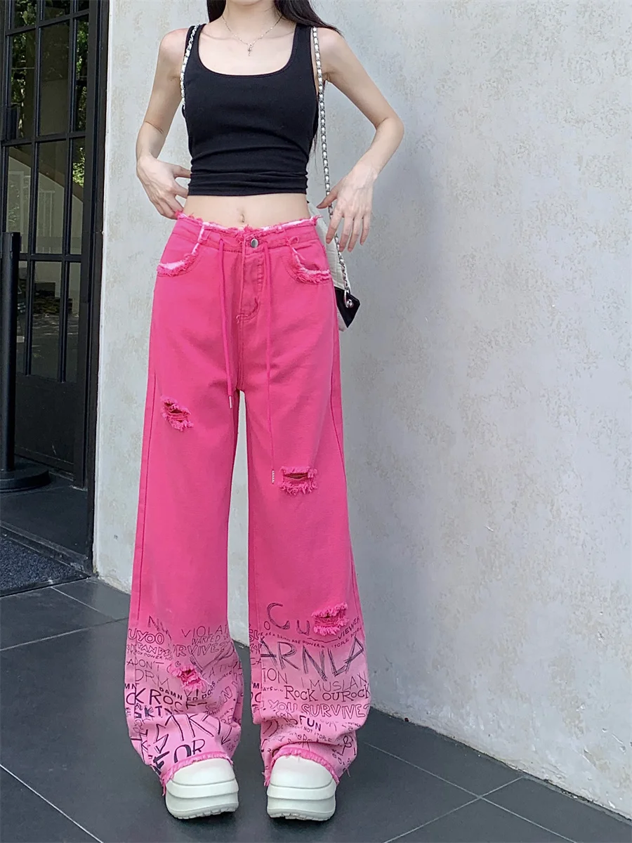 

Slergiri High street ripped graffiti baggy wide leg jeans women y2k retro hip hop loose high waist raw hem jean trousers