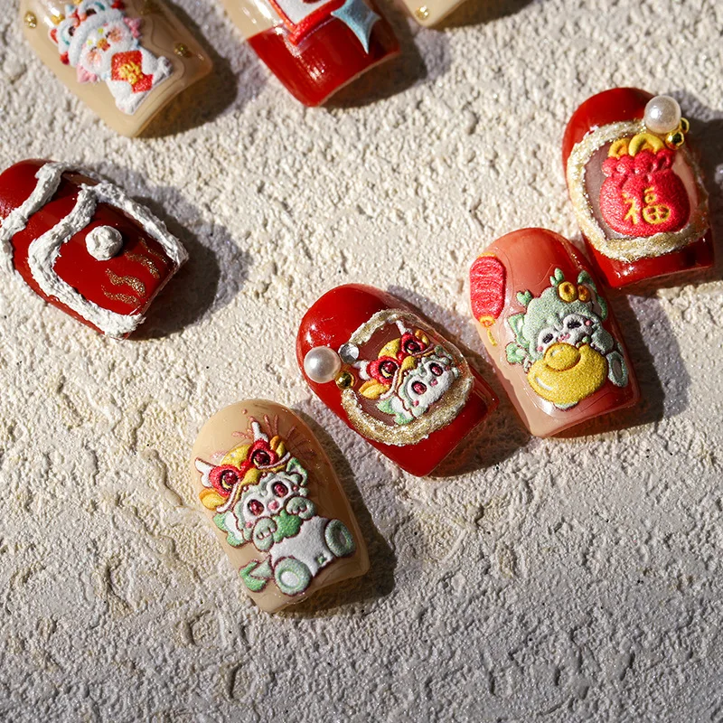 Chinesisches Neujahr wecken Löwen Design Drachen 5d geprägte Reliefs selbst klebende Nail Art Aufkleber Cartoon Maniküre Aufkleber Großhandel