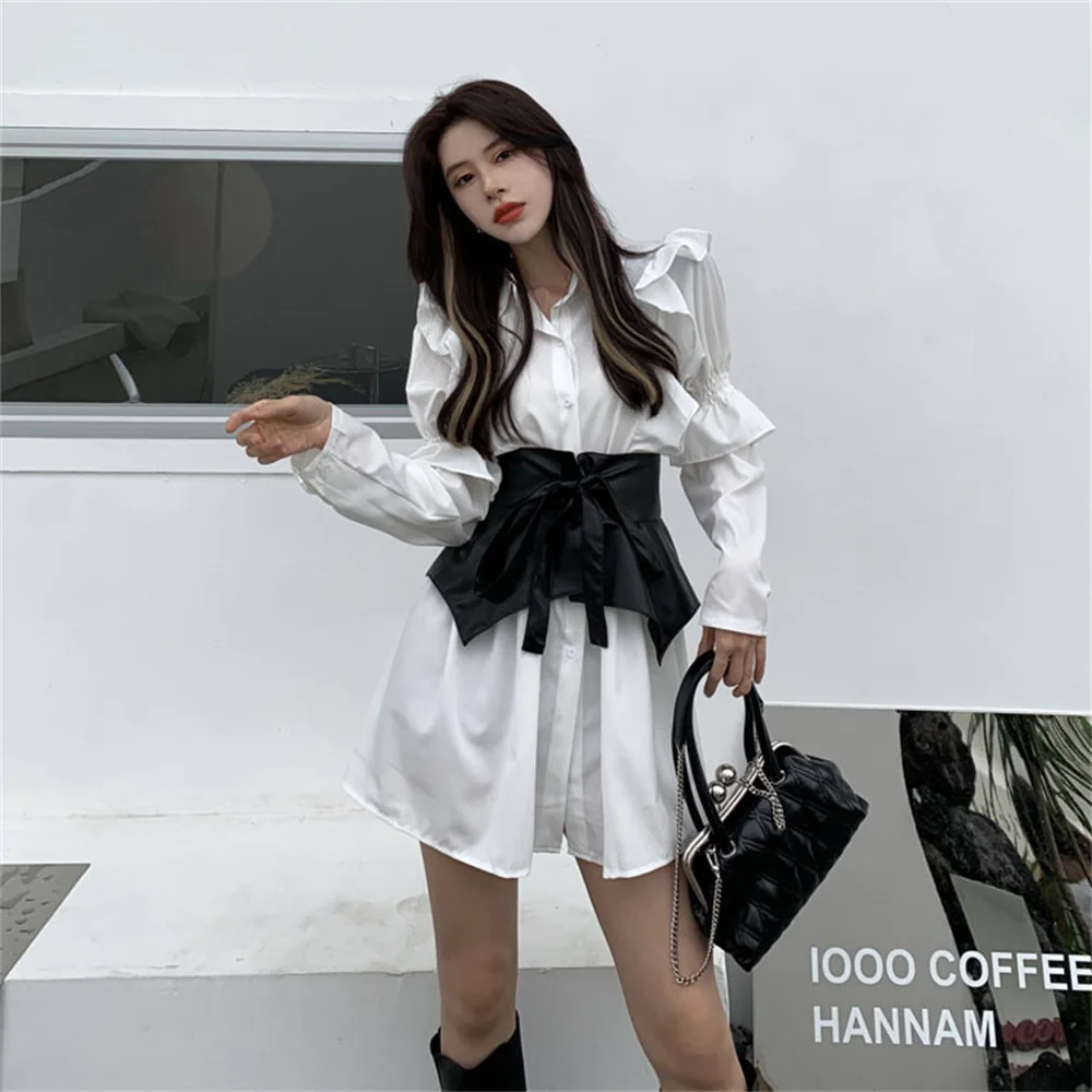 Long sleeve khaki shirt dress set female Autumn bubble sleeve a-line short dresses 2024 new 2pcs set high fashion women clothing