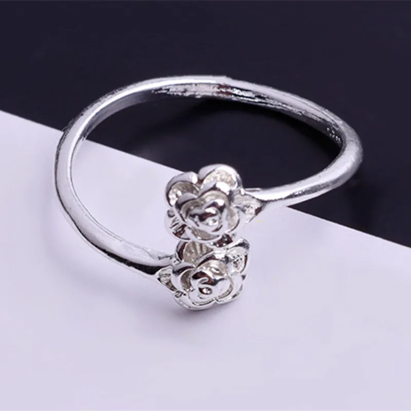 New Sales Silver Plated Open Design Ring Two Flowers Leaf Adjustable Ring For Women Wedding Jewelry Accessories