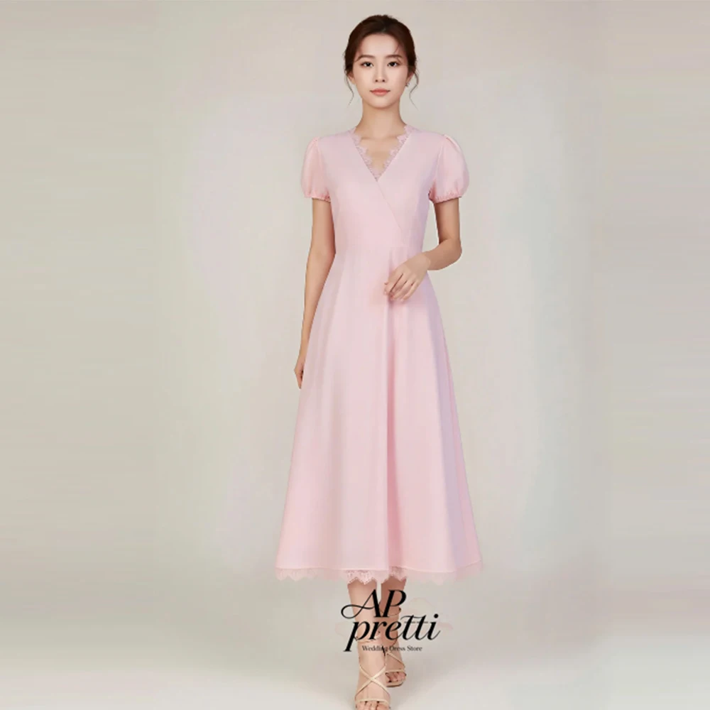 AP pretti Pink Soft Satin Bridesmaid Dress V-Neck A Line Short Sleeve Tea-Length Guest Gown For Wedding Evening Party Customized