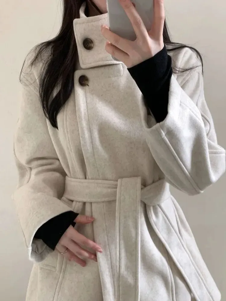 

Модное повседневное шерстяное пальто в стиле ретро с высоким воротником и завязкой на талии, шикарная зимняя верхняя одежда, длинное све све, средней длины