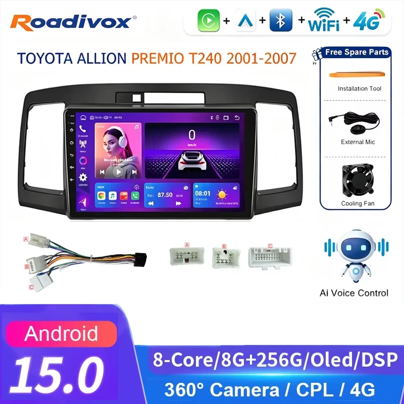 roadivox Android car radio AI VOICE for TOYOTA ALLION PREMIO T240 2001 GPS Navigation video Multimedia Player tape recorder