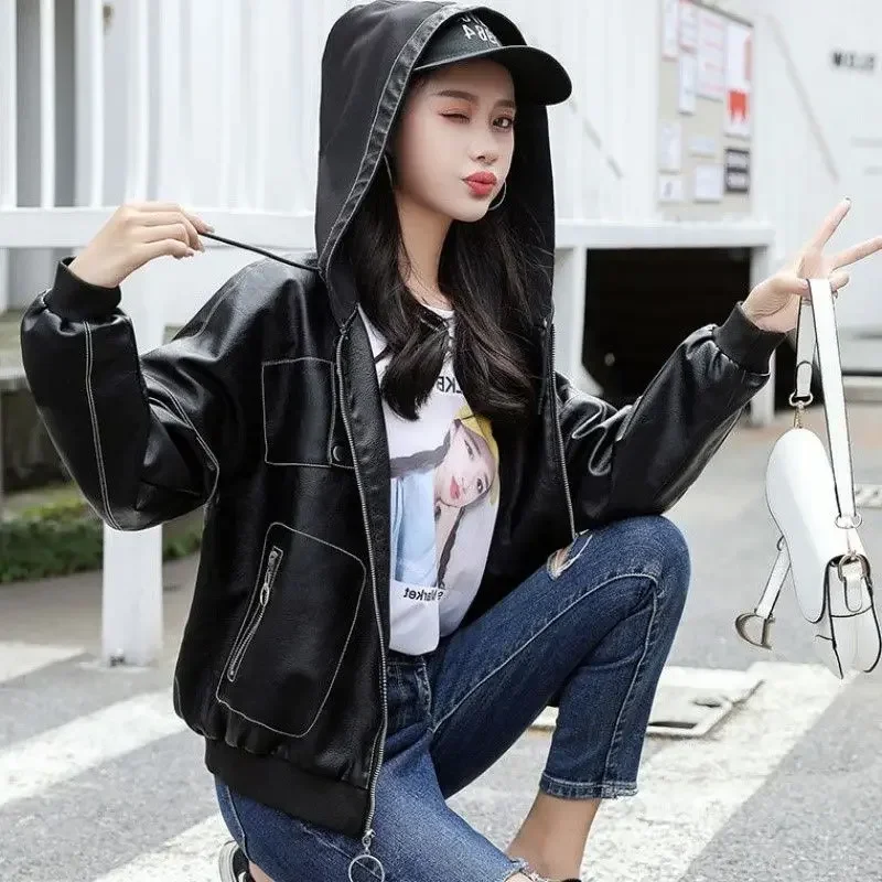 2024 New Autumn and Winter New Hooded with Zippers Loose Solid Color Suit Jacket Leather Jacket Fashion Hot Sale Women Coat T404