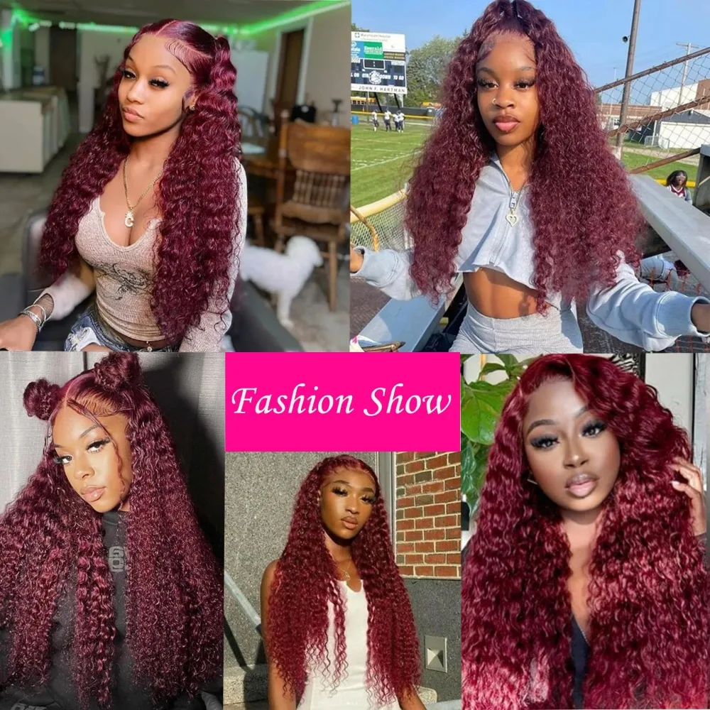 딥 웨이브 99J 버건디 13x6 레이스 프론탈 가발 100% 인모 13x4 곱슬머리 38인치 HD 투명 레이스 프론트 가발 브라질 레드 와인