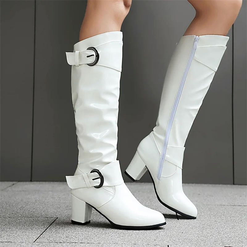 2024 Autumn Leisure Double Buckles Mid-calf Boots Ladies Block High Heel Banquet Party Women Shoes Black White Red Plus Size 43