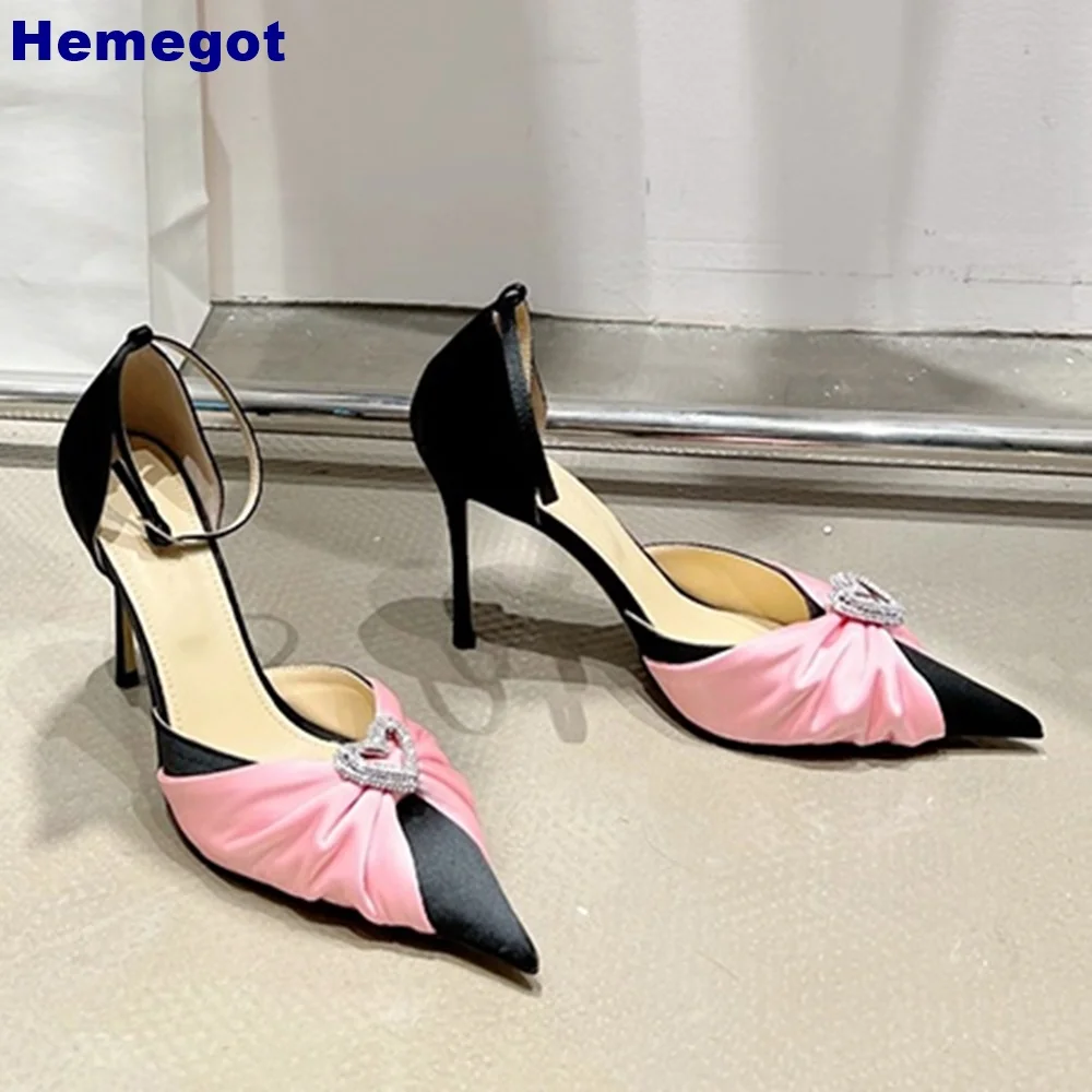 

New Bowknot Heart Crystal Bling Wedding Shoes 2024 Summer Pointed Toe Elegant Banquet Stiletto Sandals Fashion Pink Ladies Pmps