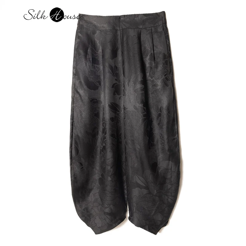 Peony Jacquard Versatile Temperament Comfortable 100% Natural Mulberry Silk Gambiered Guangdong Gauze Women's Black Casual Pants